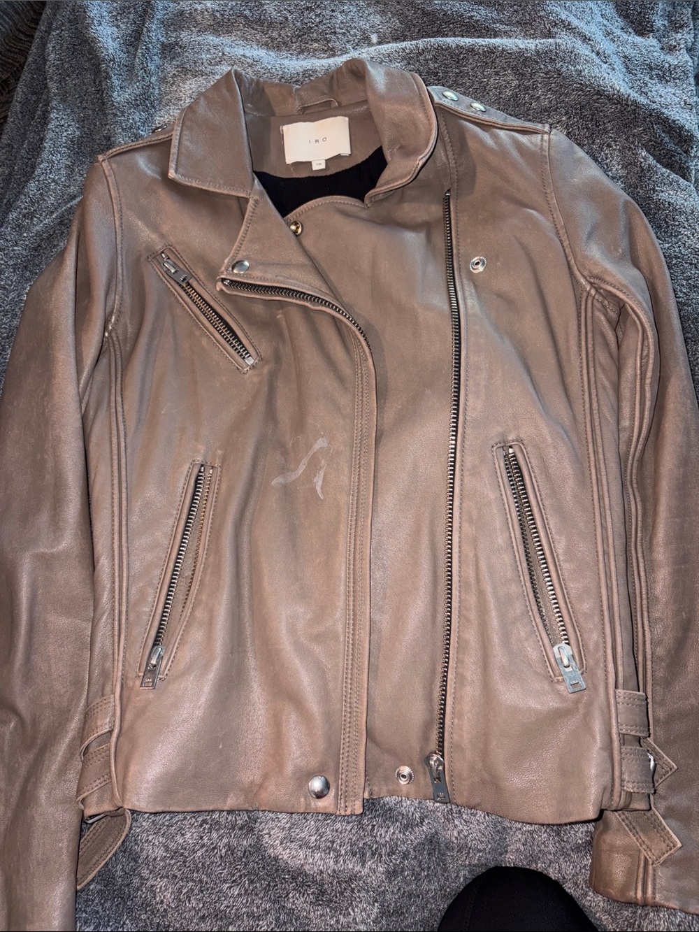 IRO Taupe Leather Moto Jacket with Silver Hardware